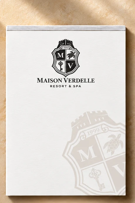 Bloc-notes de chambre 4,25 x 5,5 po imprimé au logo d'un hôtel, à côté d'un stylo sur une table de chevet