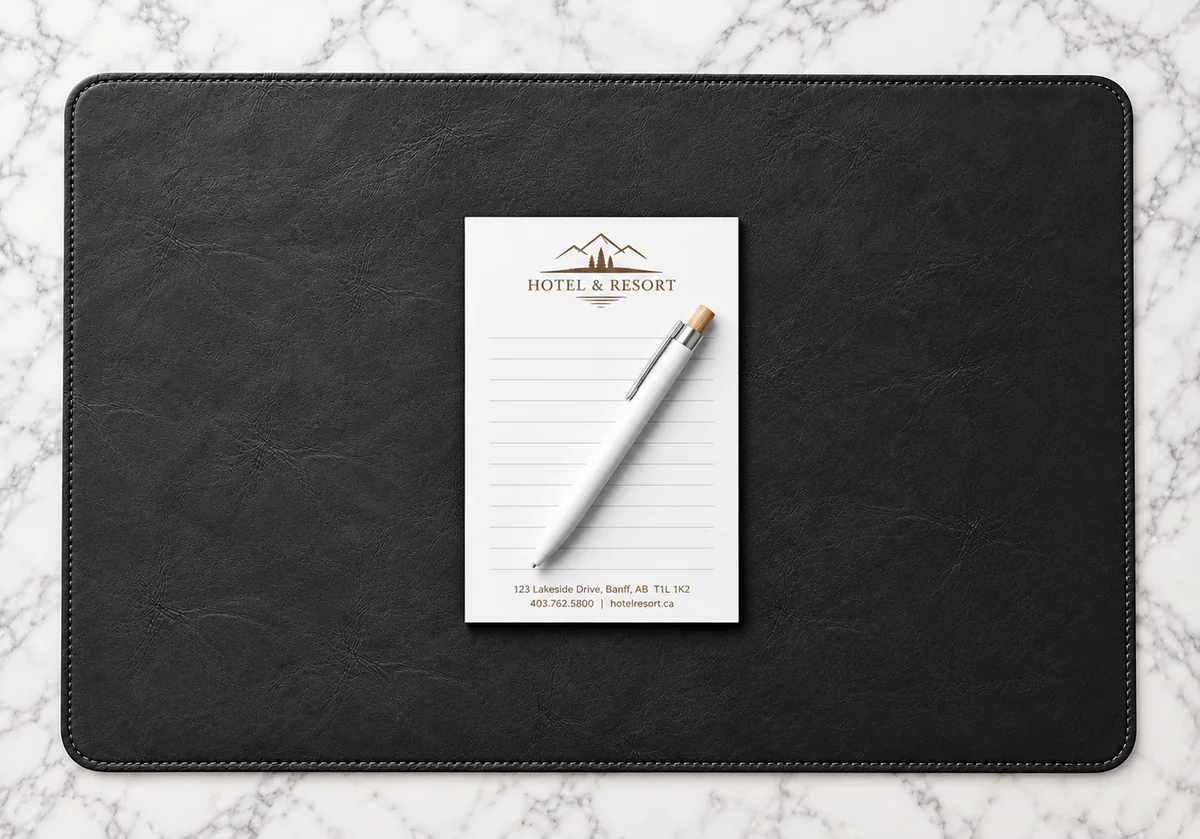 Sous-main noir avec bloc-notes et stylo personnalisés