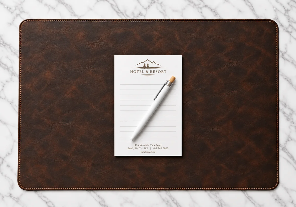 Sous-main brun avec bloc-notes et stylo personnalisés